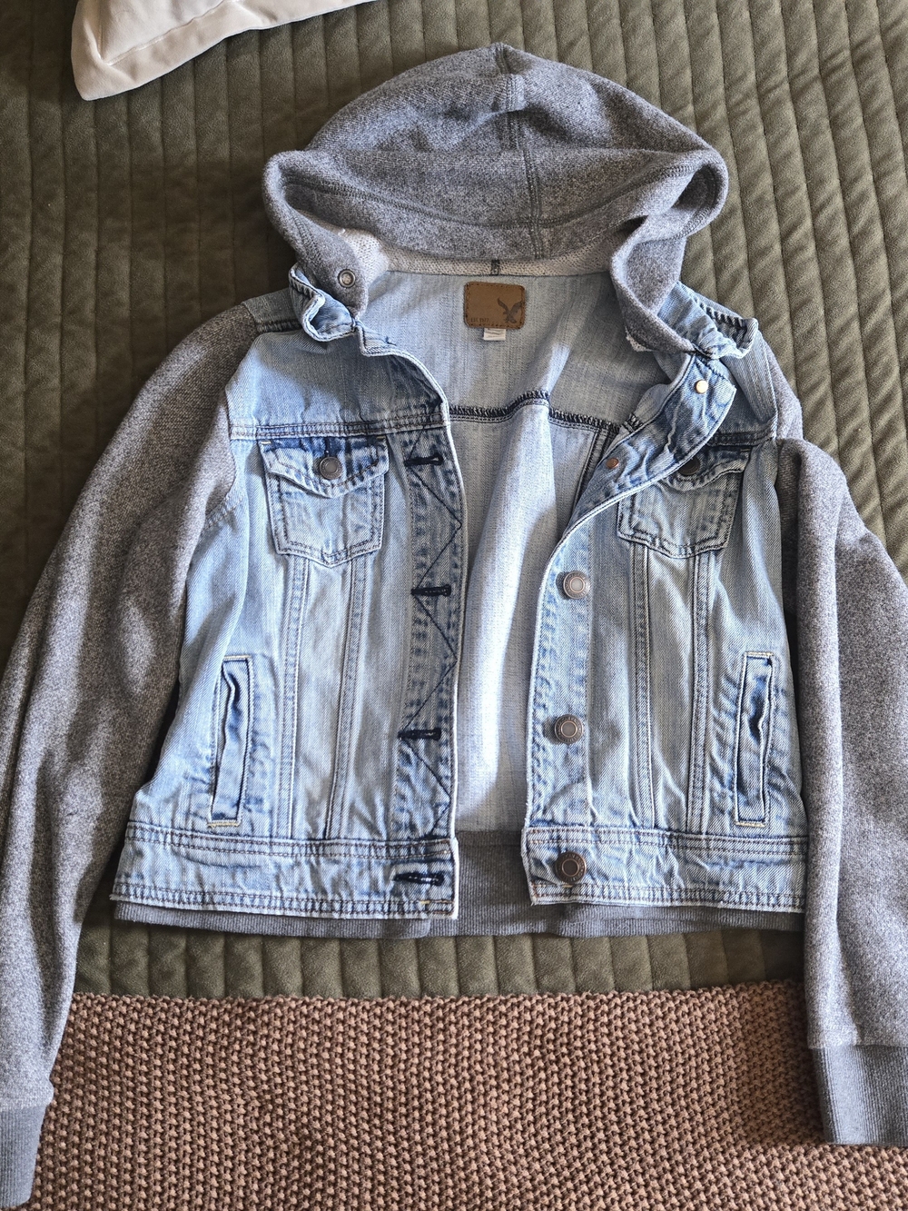 American Eagle Outfitters Light Blue Denim Jacket with Gray Knit Hoodie Sleeves